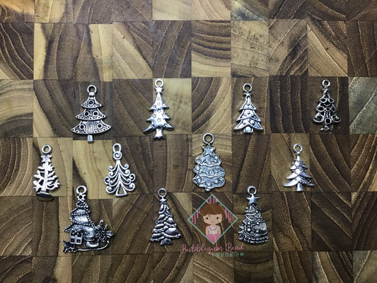 Antique Silver Coloured Metal Christmas Tree Charms Holiday Beads