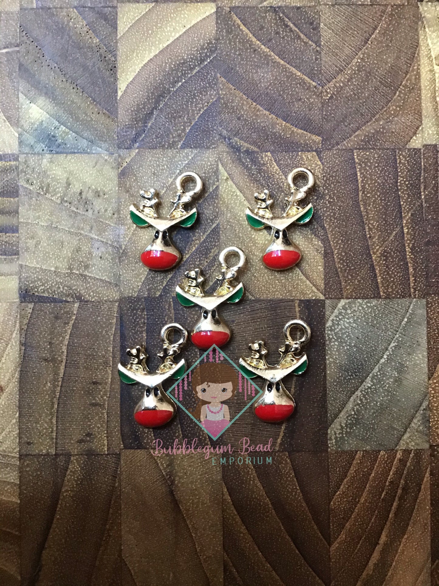 Gold Metal Coloured Red Nosed Reinndeer Holiday Beads
