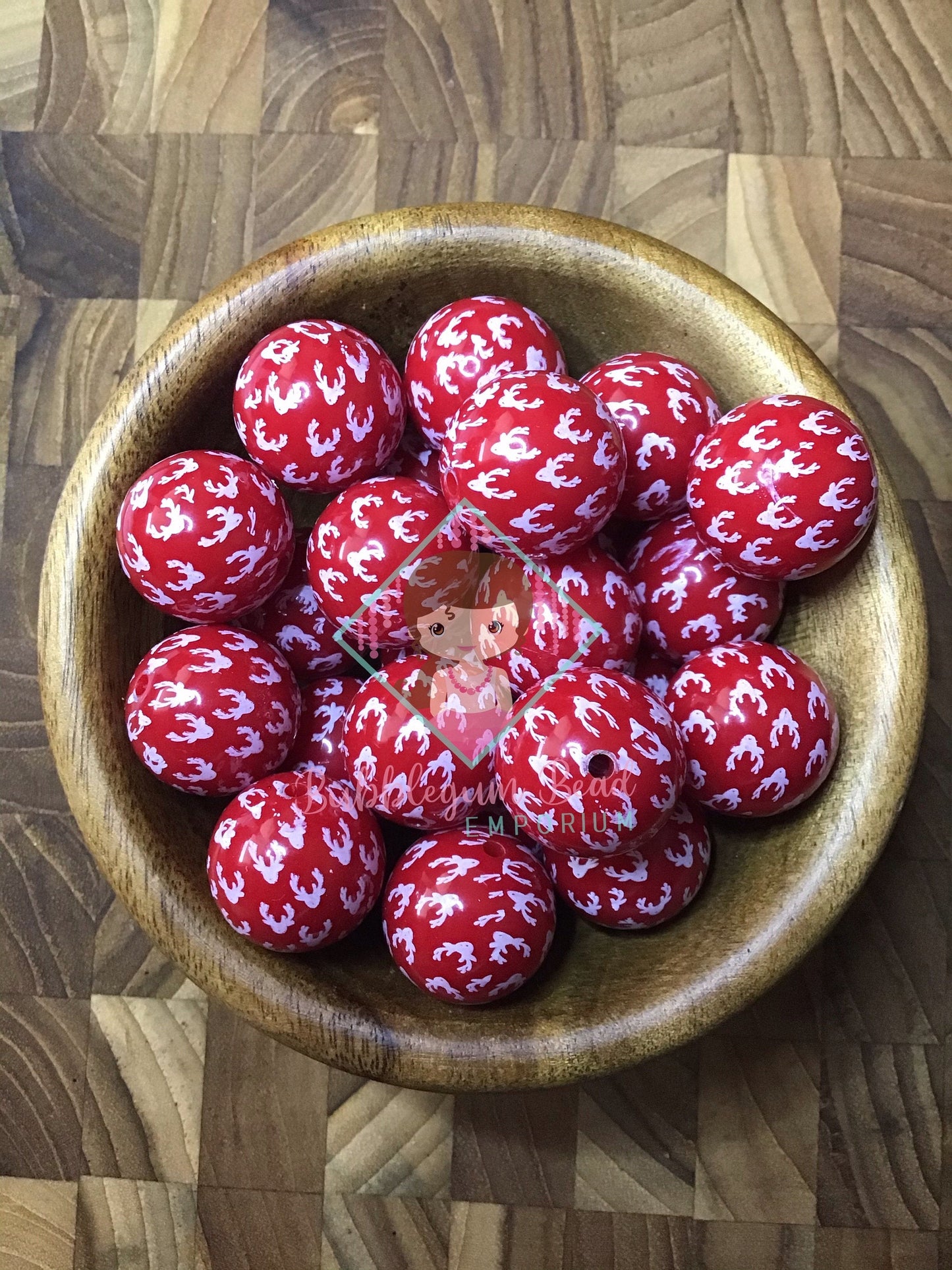 Red with White Reindeer Print Holiday Beads.